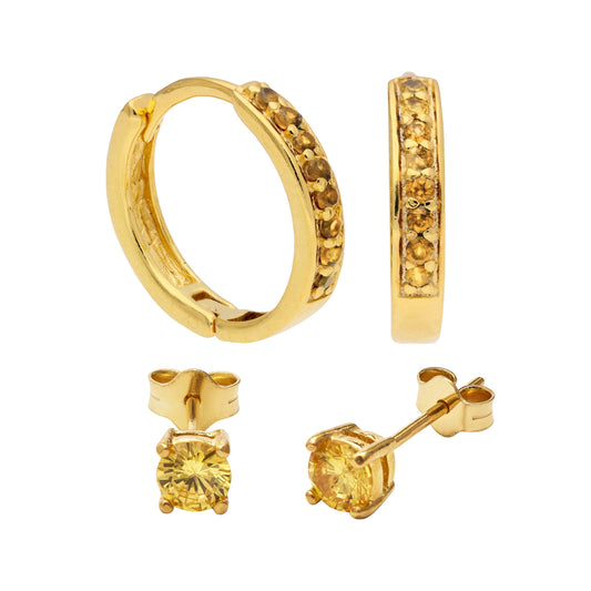 Gold Plated Silver Citrine CZ Huggies & 4mm Stud Earrings Set