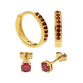 Gold Plated Sterling Silver Garnet CZ Huggies & 4mm Stud Earrings Set