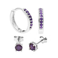 Sterling Silver Amethyst CZ Huggies & 4mm Stud Earrings Set