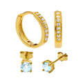 Gold Plated Sterling Silver Aquamarine CZ Huggies & Stud Earrings Set