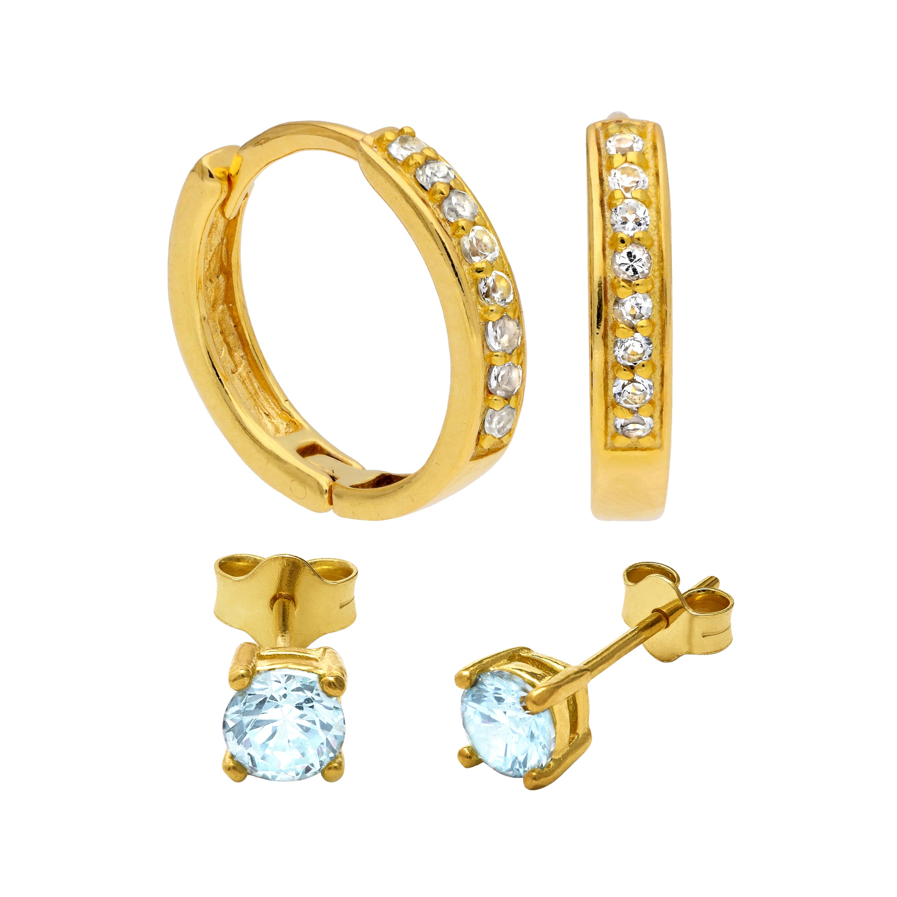 Gold Plated Sterling Silver Aquamarine CZ Huggies & Stud Earrings Set