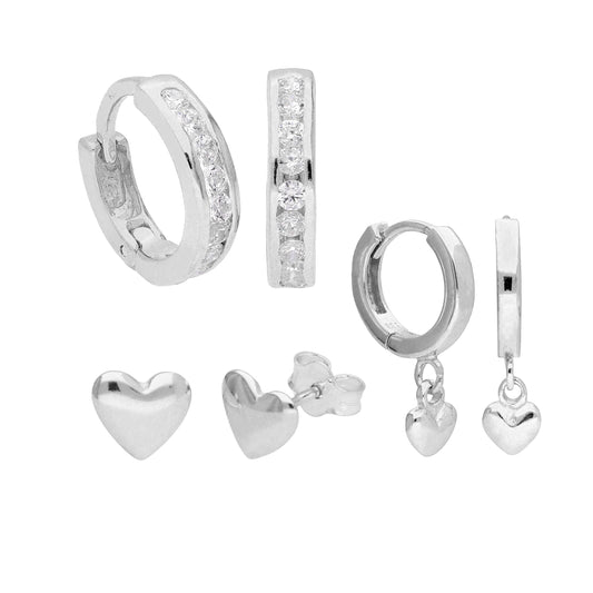 Sterling Silver CZ & Heart Huggies & Stud Earrings Set