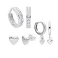 Sterling Silver CZ & Heart Huggies & Stud Earrings Set