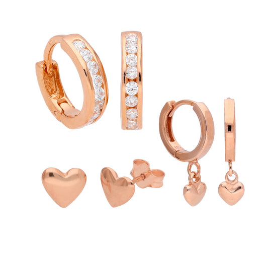 Rose Gold Plated Sterling Silver CZ & Heart Huggies & Stud Earrings Set