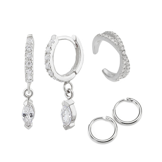 Sterling Silver CZ Charm Huggies & Hoops & Cross Cuff Earrings Set