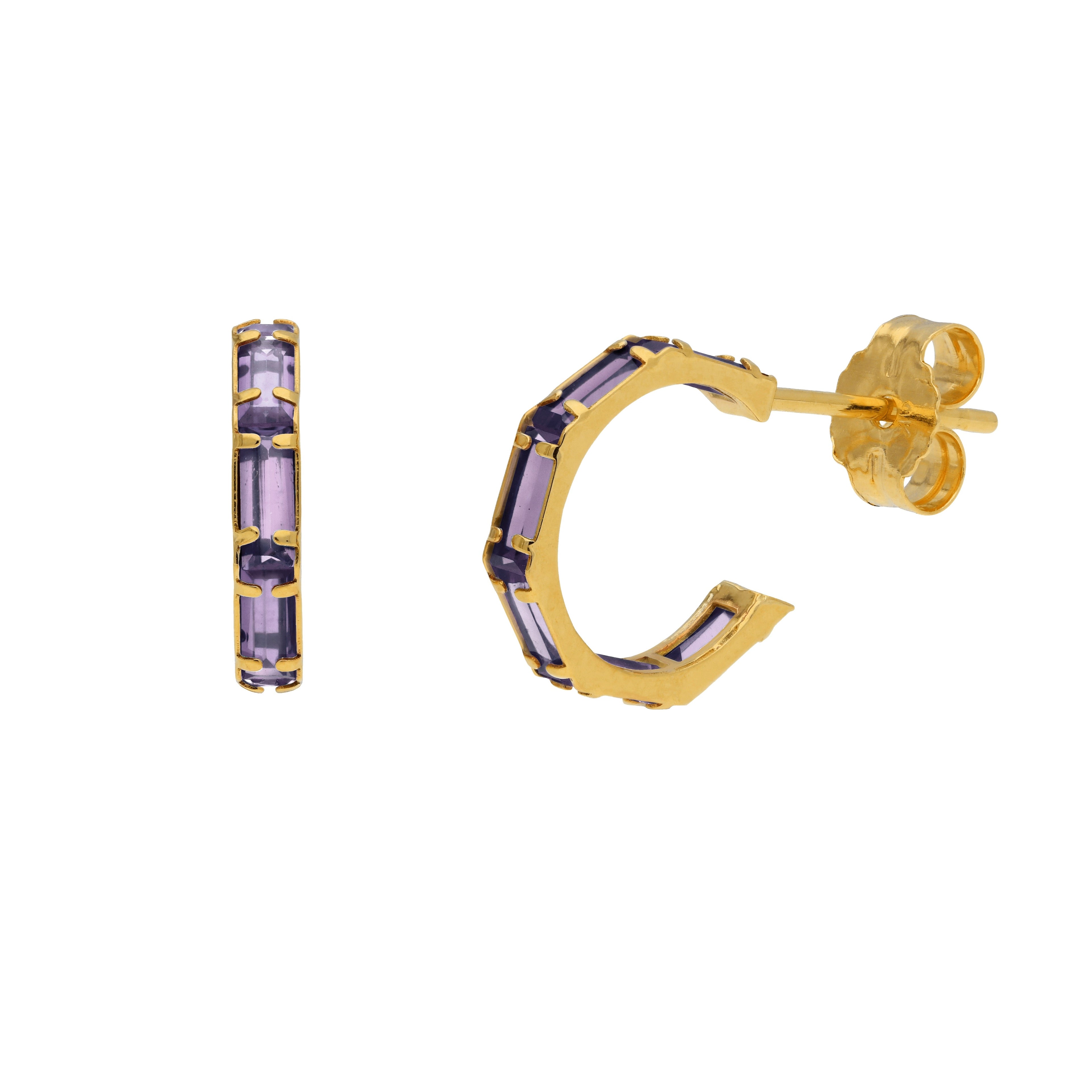 9ct Gold Birthstone CZ Baguette Huggie Hoop Stud Earrings
