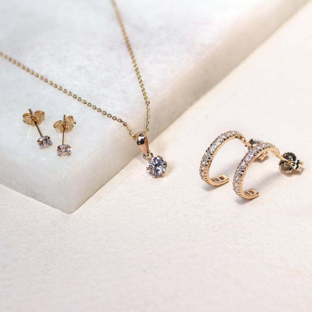 9ct Gold 5mm Round Claw Clear CZ Necklace 16 - 20 Inches