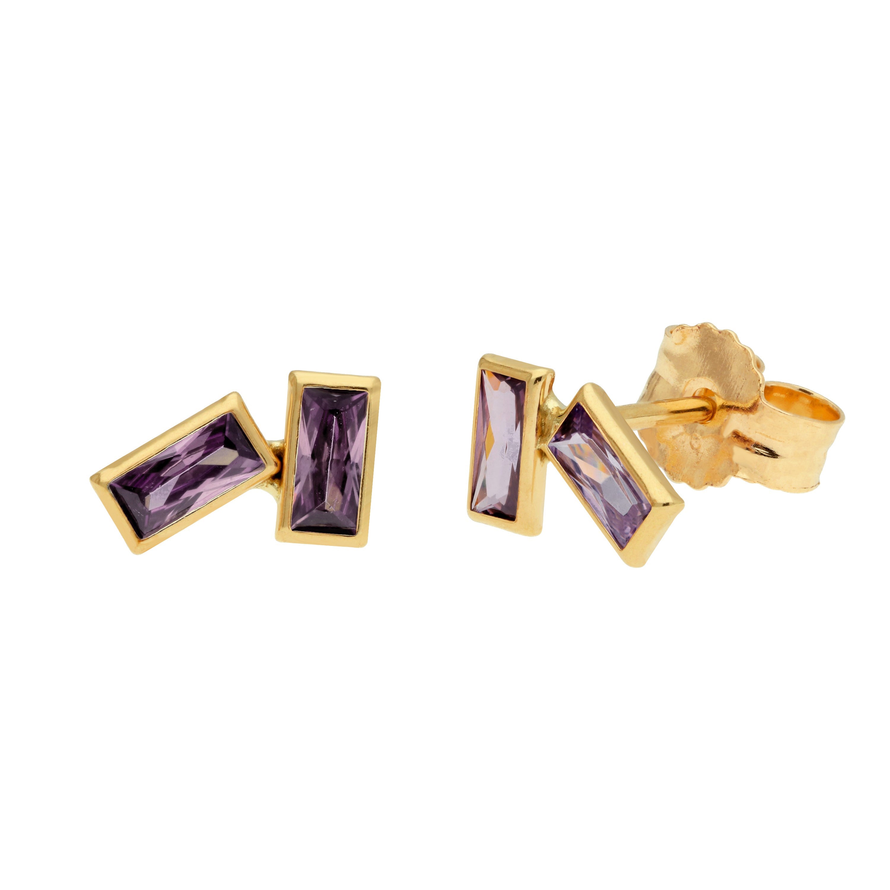 9ct Gold Birthstone CZ Double Baguette Stud Earrings