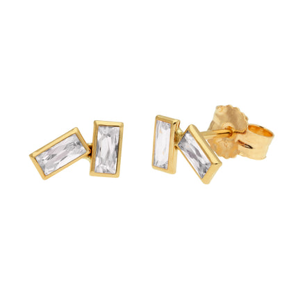 9ct Gold Birthstone CZ Double Baguette Stud Earrings