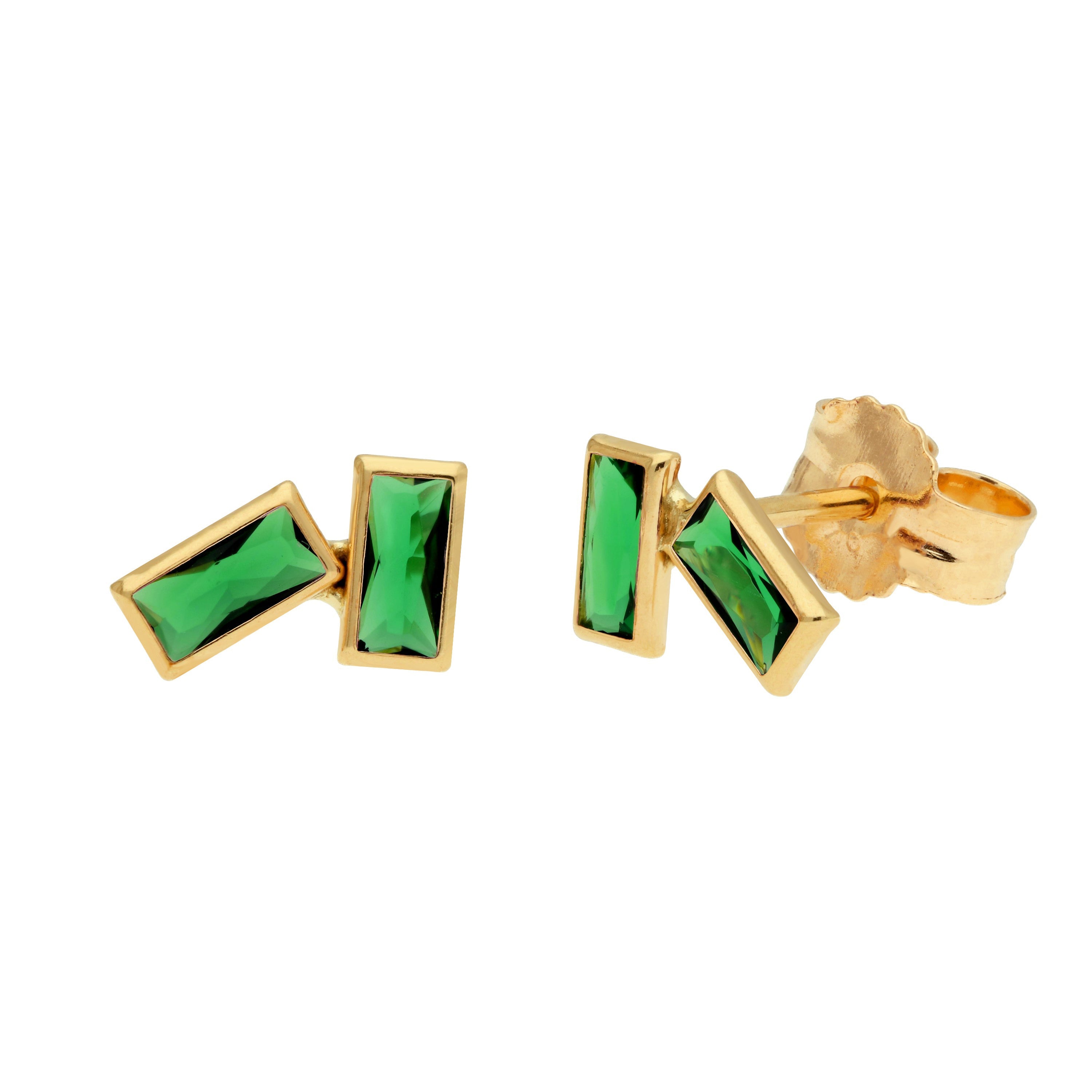 9ct Gold Birthstone CZ Double Baguette Stud Earrings