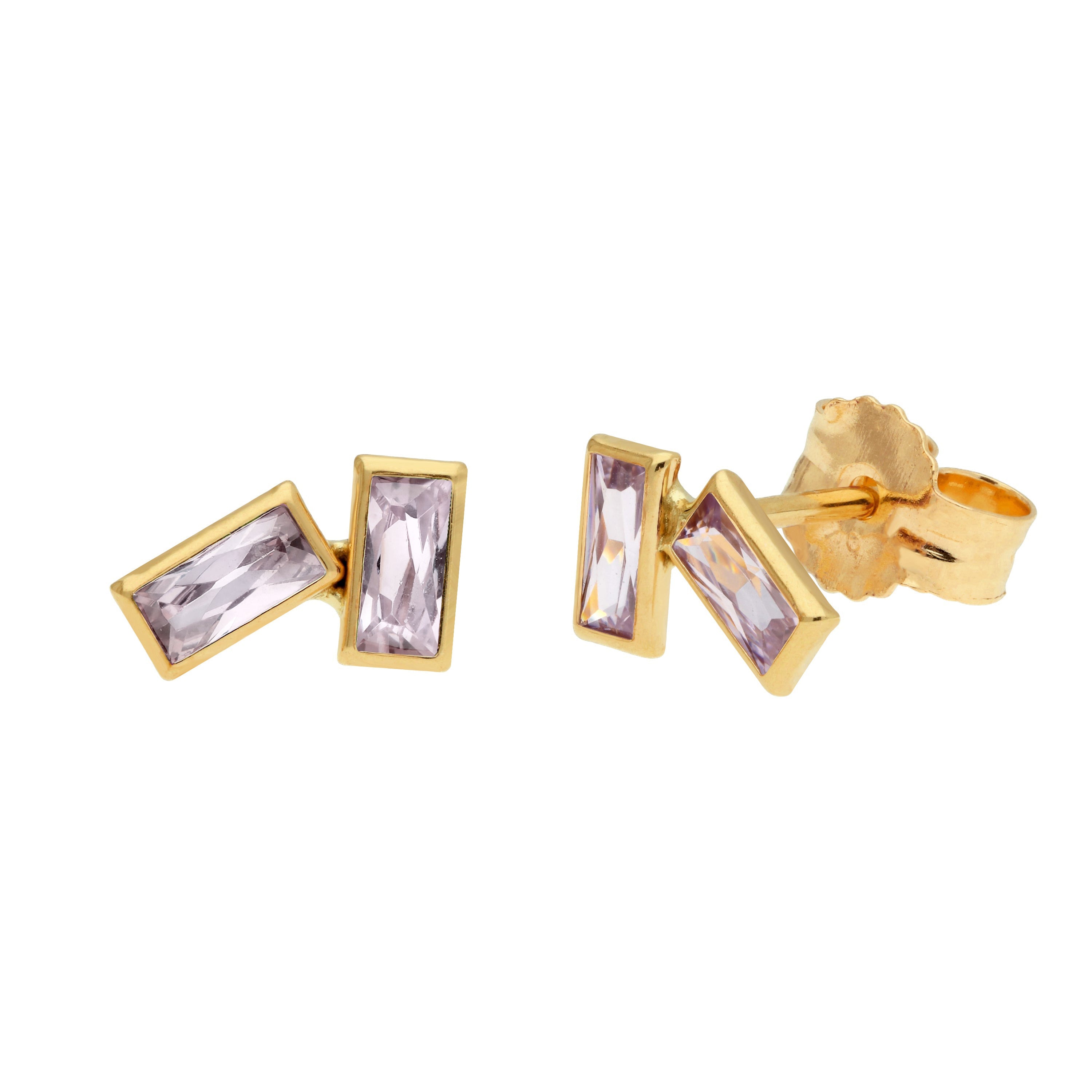 9ct Gold Birthstone CZ Double Baguette Stud Earrings