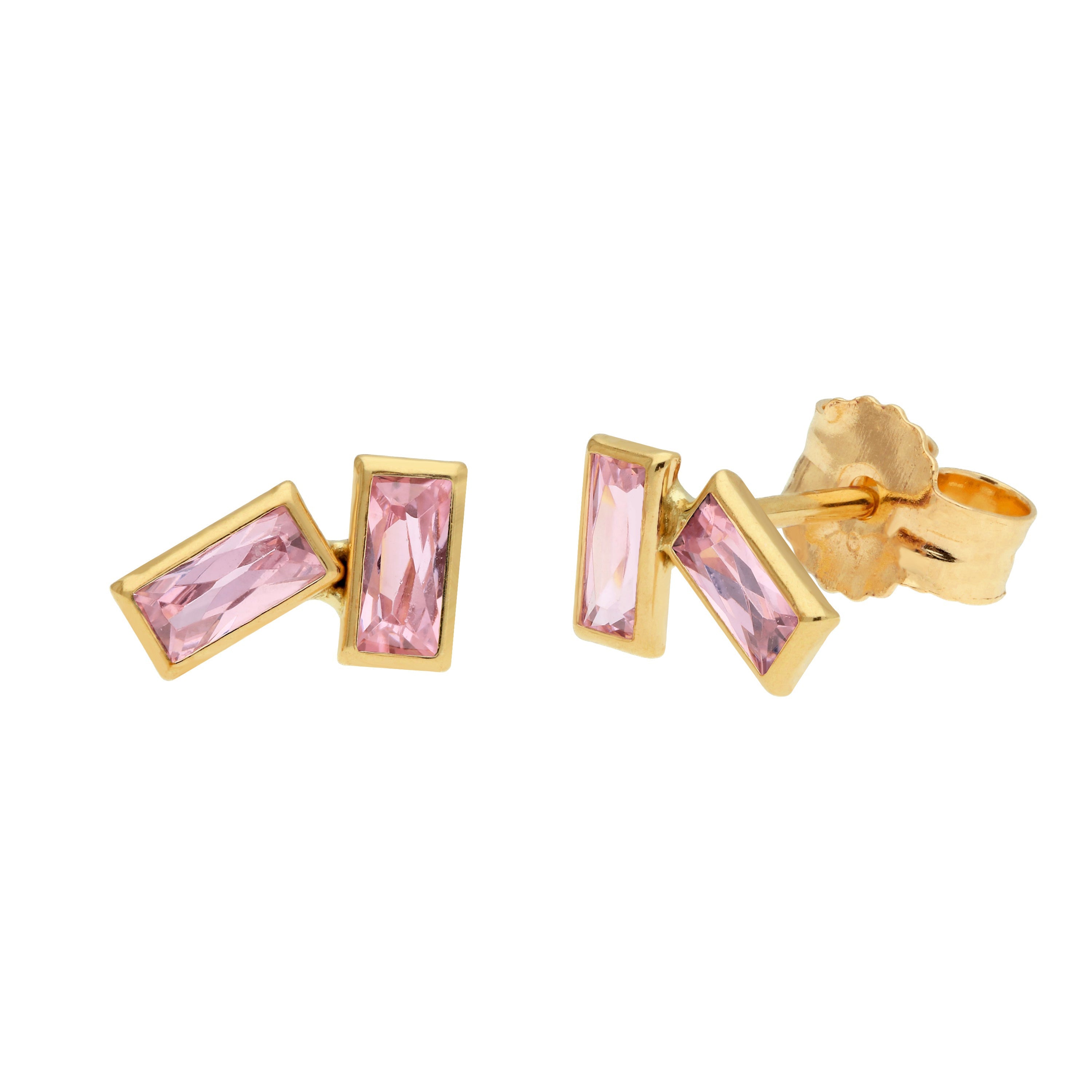 9ct Gold Birthstone CZ Double Baguette Stud Earrings
