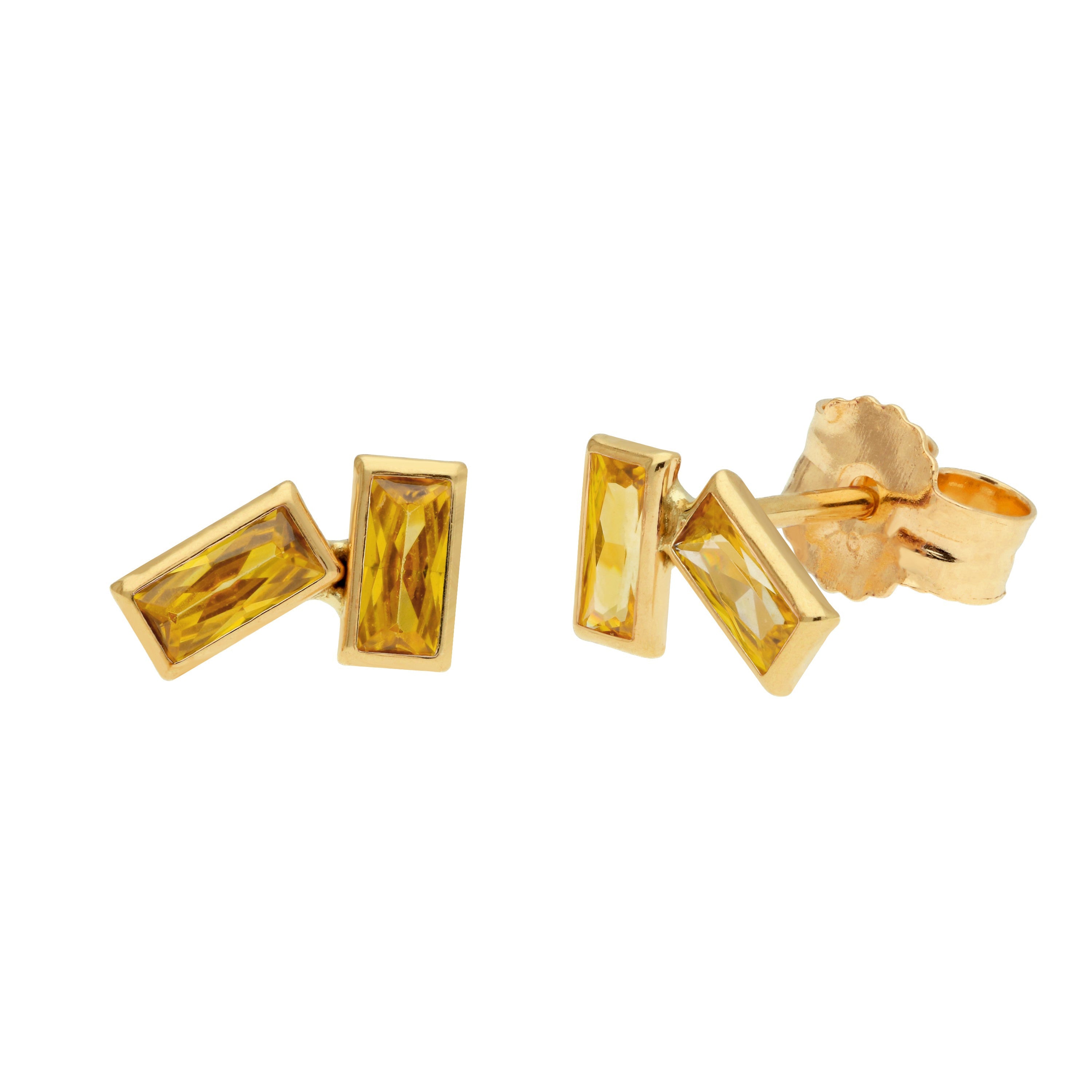 9ct Gold Birthstone CZ Double Baguette Stud Earrings