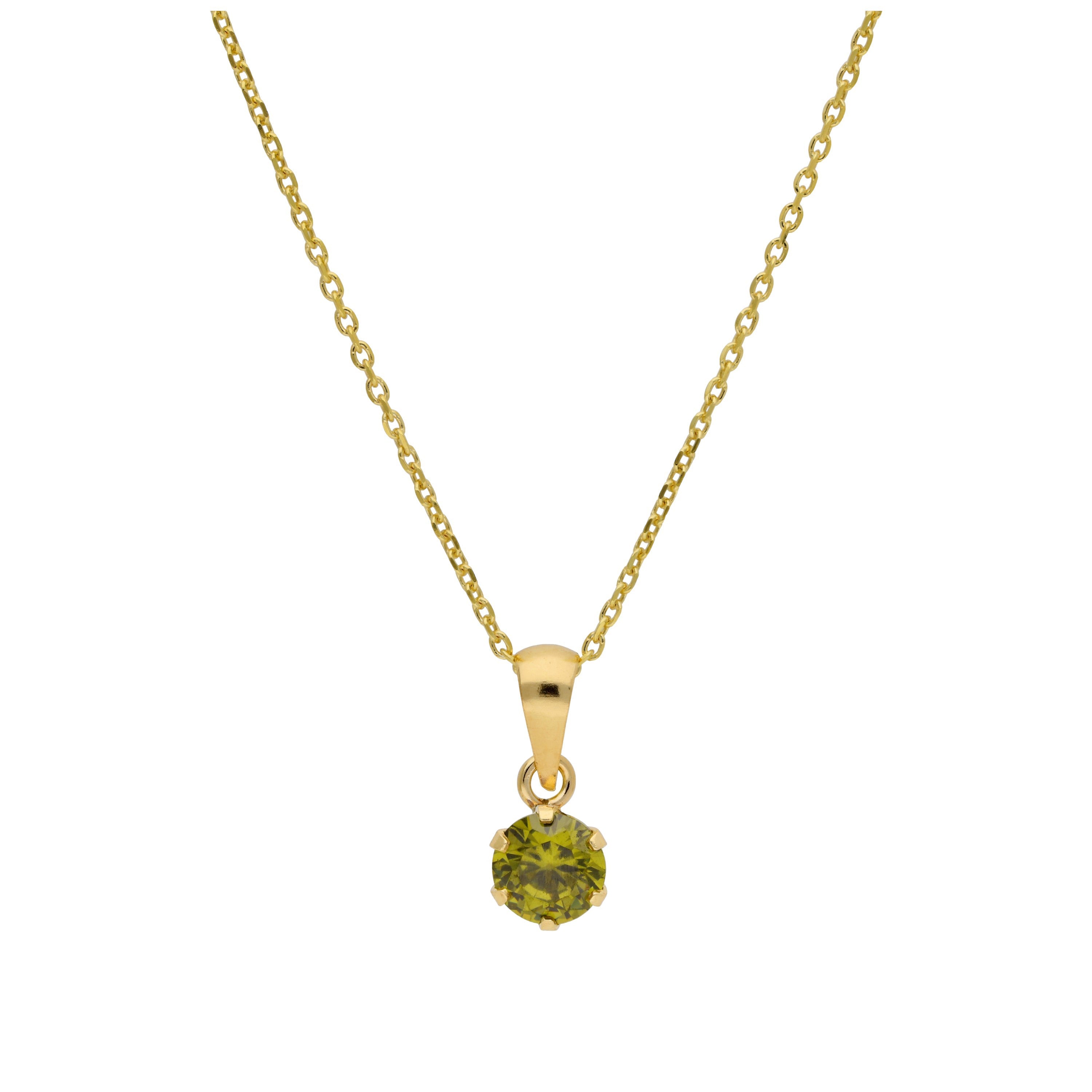 9ct Gold 5mm Round Claw Peridot CZ Necklace 16 - 20 Inches