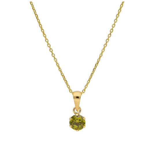 9ct Gold 5mm Round Claw Peridot CZ Necklace 16 - 20 Inches