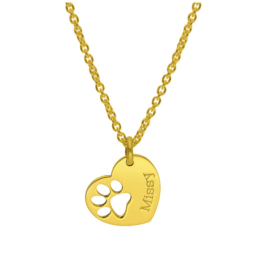 Bespoke Gold Plated Sterling Silver Heart Paw Name Necklace 16 - 24 Inches