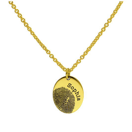Bespoke Gold Plated Sterling Silver Oval Fingerprint Name Necklace 16-24 Inches