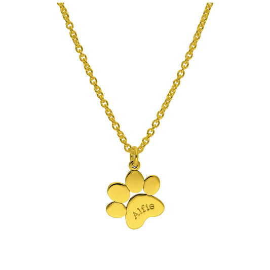 Bespoke Gold Plated Sterling Silver Paw Print Name Necklace 16 - 24 Inches