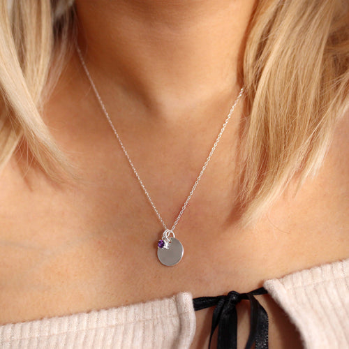 Sterling Silver CZ Birthstone & Round Engravable Tag Necklace 14 - 22 Inches