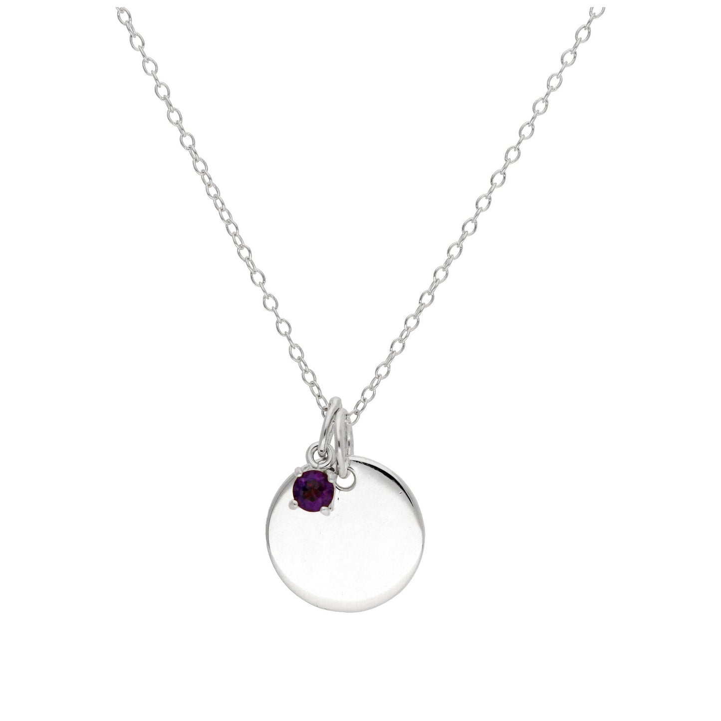 Sterling Silver CZ Birthstone & Round Engravable Tag Necklace 14 - 22 Inches
