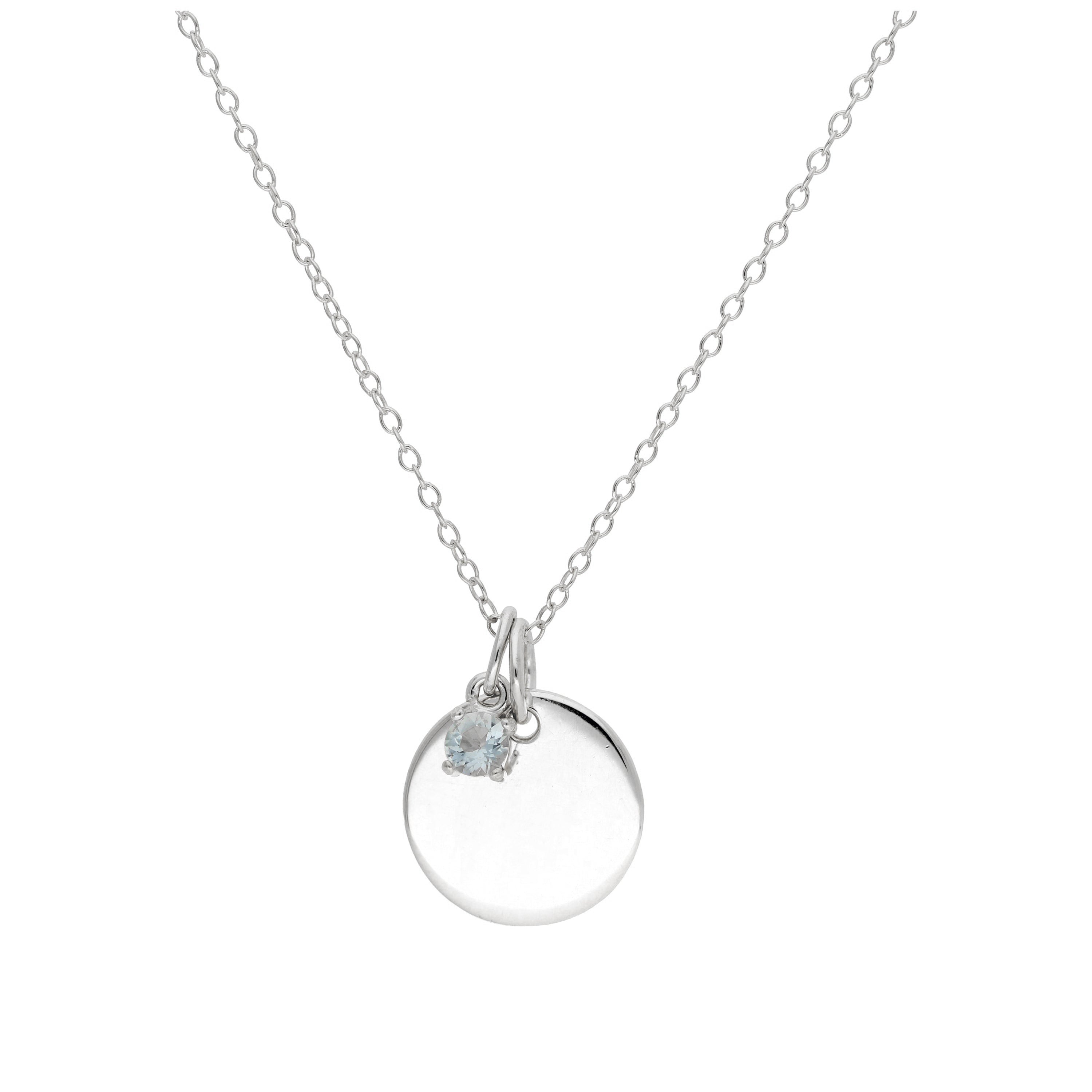 Sterling Silver CZ Birthstone & Round Engravable Tag Necklace 14 - 22 Inches