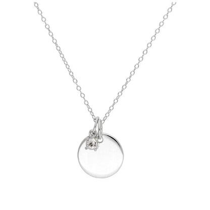 Sterling Silver CZ Birthstone & Round Engravable Tag Necklace 14 - 22 Inches