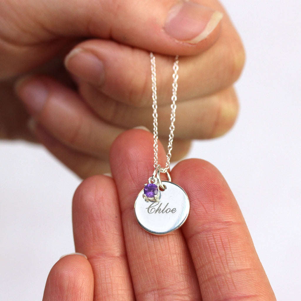 Sterling Silver CZ Birthstone & Round Engravable Tag Necklace 14 - 22 Inches