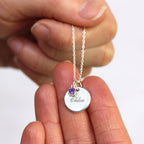 Sterling Silver CZ Birthstone & Round Engravable Tag Necklace 14 - 22 Inches