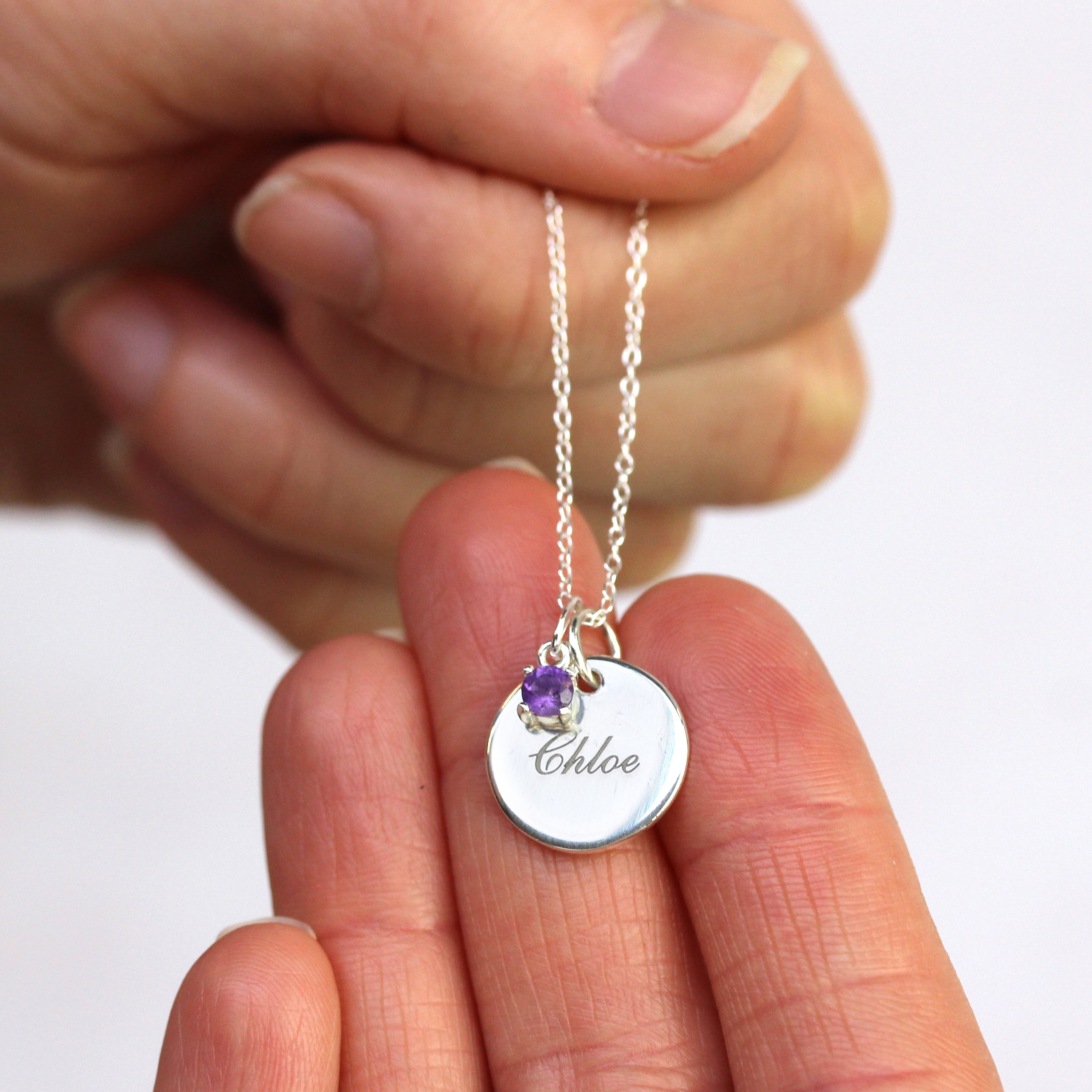 Sterling Silver CZ Birthstone & Round Engravable Tag Necklace 14 - 22 Inches