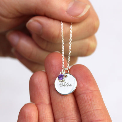 Sterling Silver CZ Birthstone & Round Engravable Tag Necklace 14 - 22 Inches