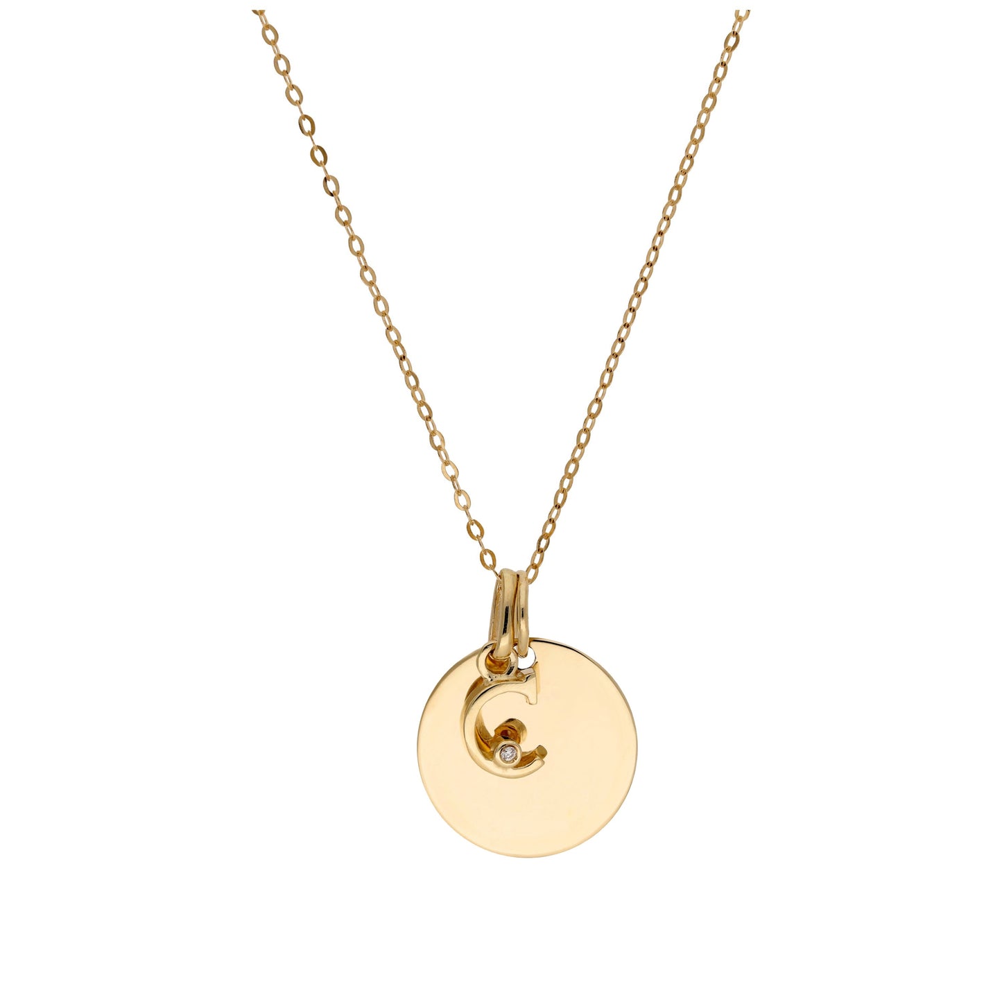 9ct Gold 0.4pts Diamond Letter A - Z & Engravable Round Tag Necklace 16 - 20 Inches