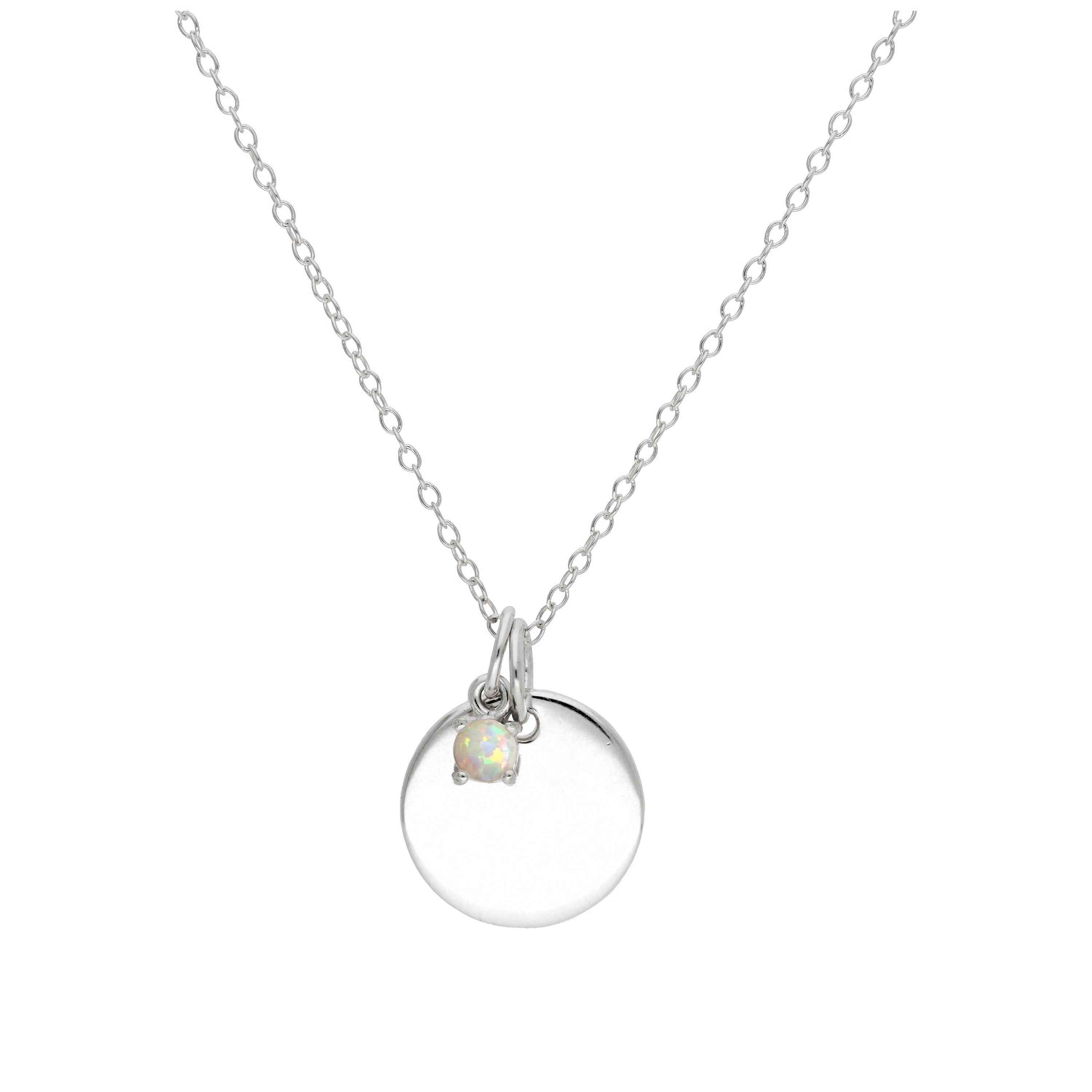 Sterling Silver CZ Birthstone & Round Engravable Tag Necklace 14 - 22 Inches