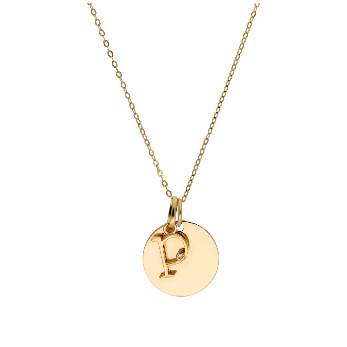 9ct Gold 0.4pts Diamond Letter A - Z & Engravable Round Tag Necklace 16 - 20 Inches