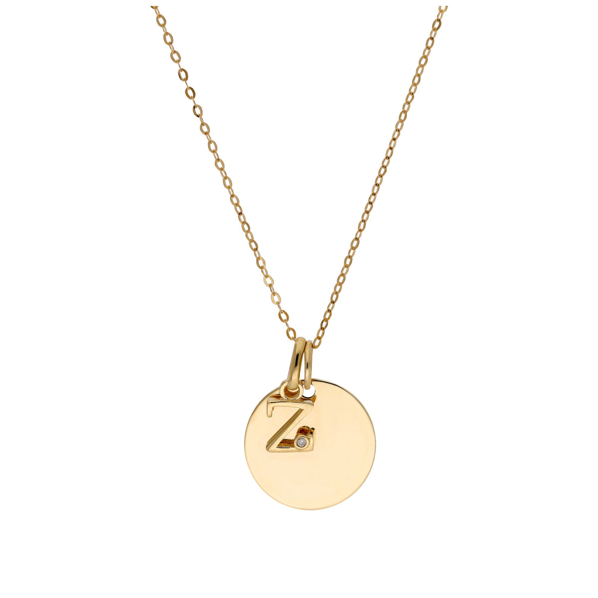 9ct Gold 0.4pts Diamond Letter A - Z & Engravable Round Tag Necklace 16 - 20 Inches