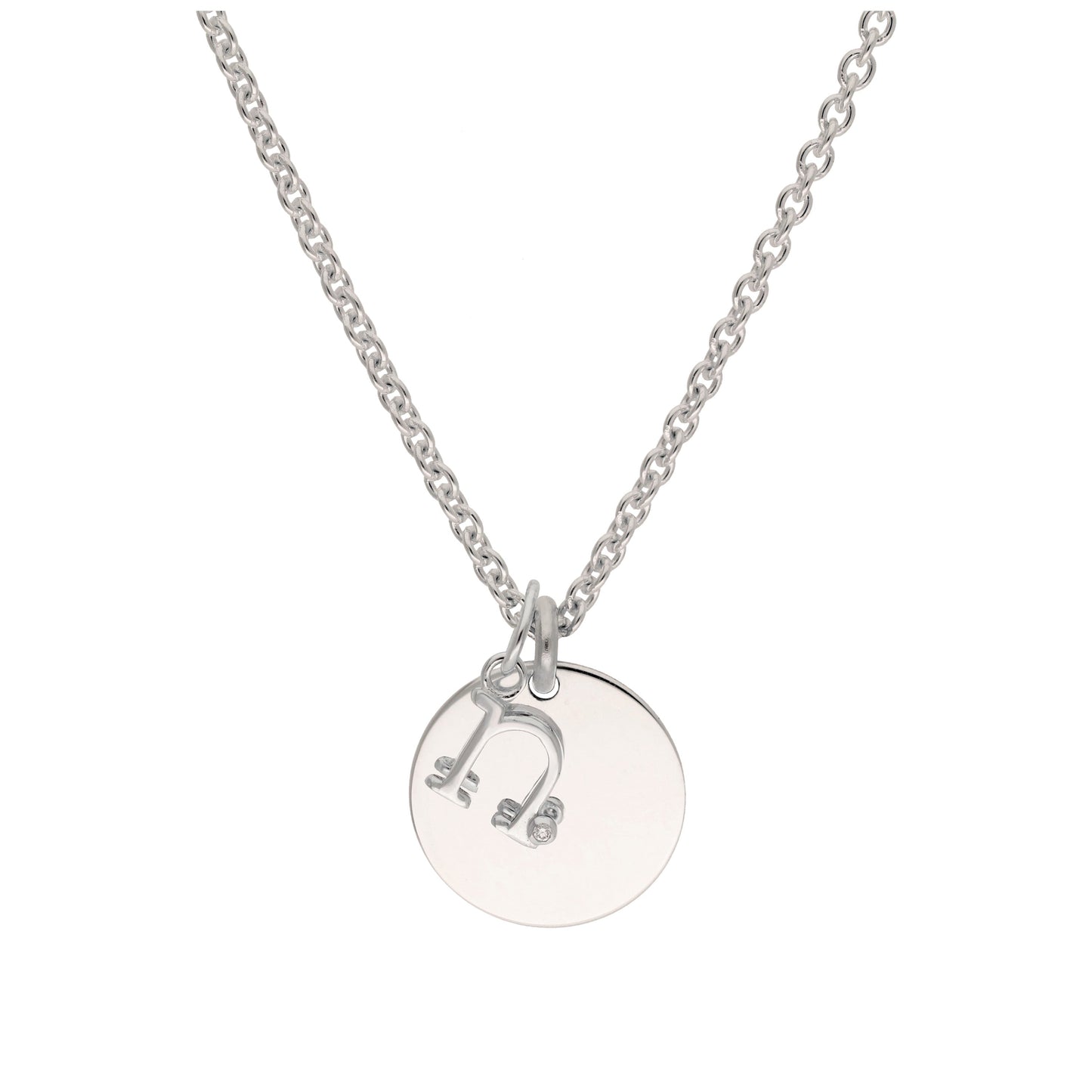 Sterling Silver 0.4pts Diamond Letter A - Z & Engravable Round Tag Necklace 16 - 24 Inches