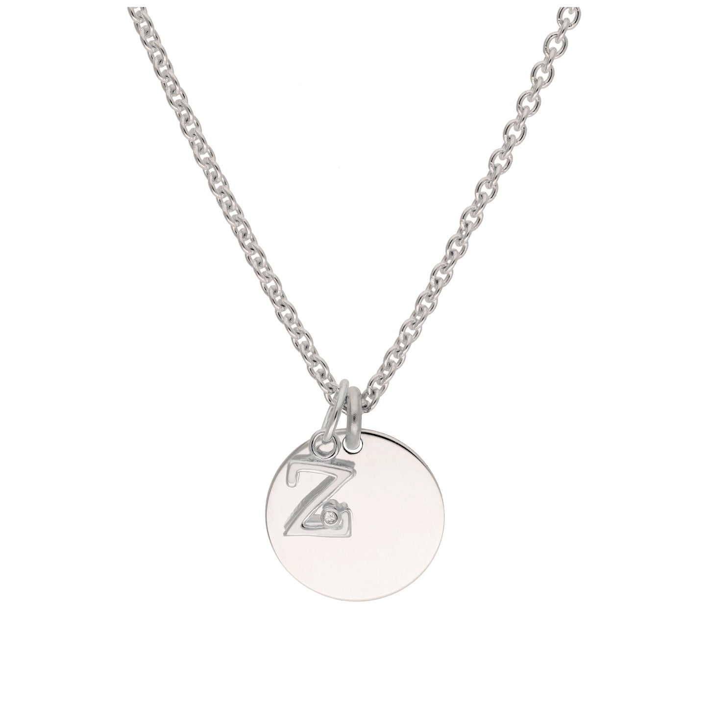 Sterling Silver 0.4pts Diamond Letter A - Z & Engravable Round Tag Necklace 16 - 24 Inches
