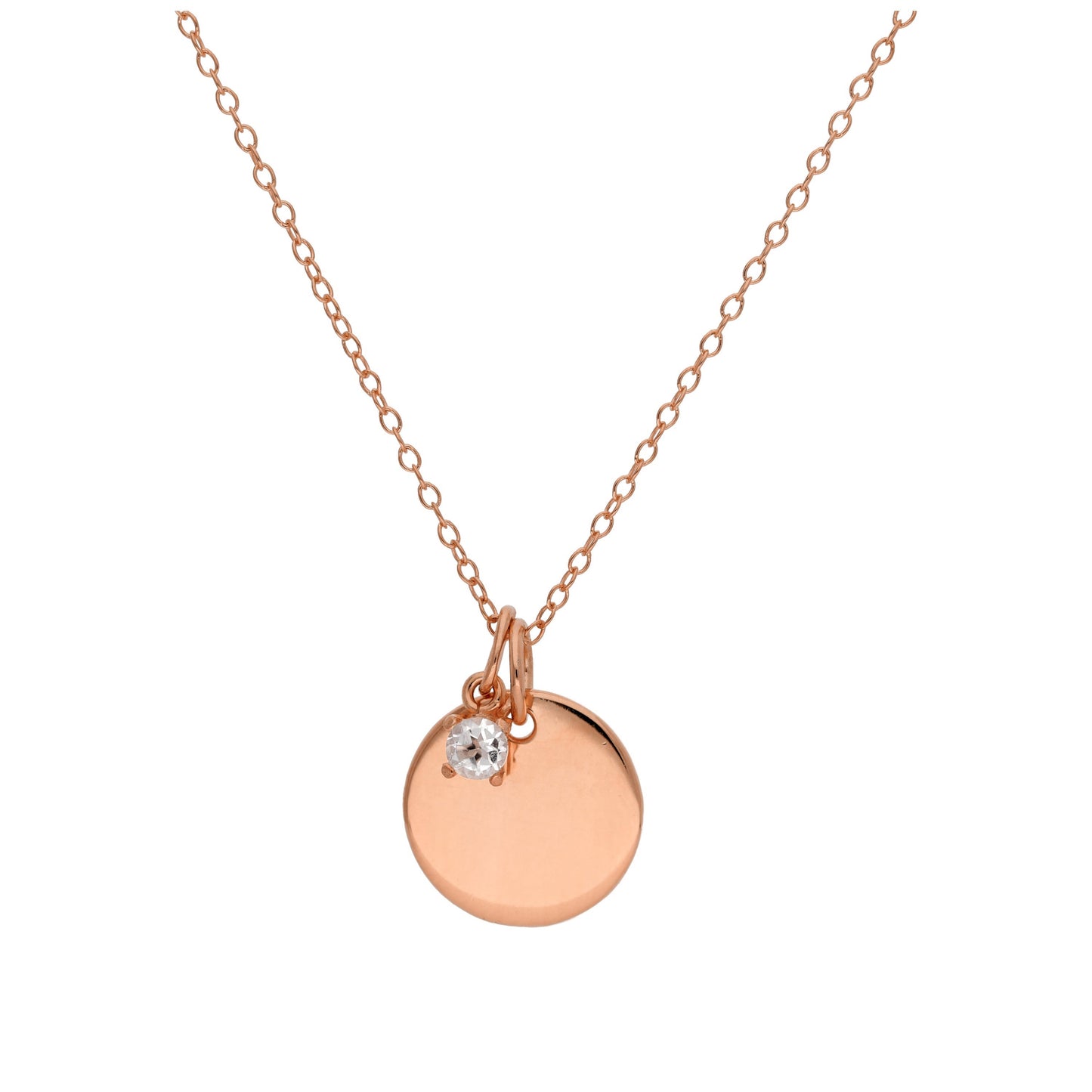 Rose Gold Plated Sterling Silber Birthstone CZ & Round Engravable Tag Necklace 16 - 24 Inches
