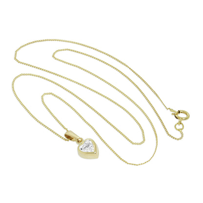 9ct Gold & Clear CZ Crystal 5mm Rubover Heart Pendant Necklace 16 - 20 Inches