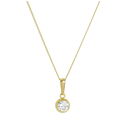 9ct Gold & Clear CZ Crystal 5mm Round Rubover Pendant Necklace 16 - 20 Inches
