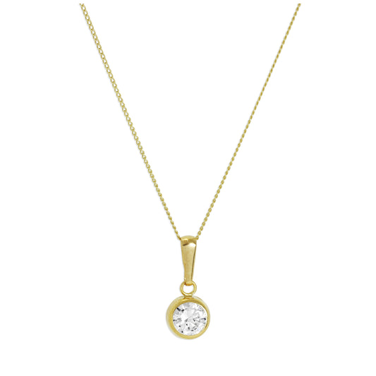 9ct Gold & Clear CZ Crystal 5mm Round Rubover Pendant Necklace 16 - 20 Inches