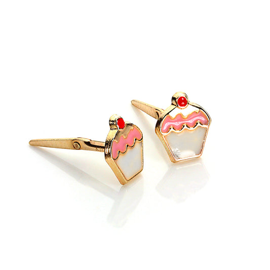 Andralok 9ct Yellow Gold Enamelled Cherry Cup Cake Stud Earrings