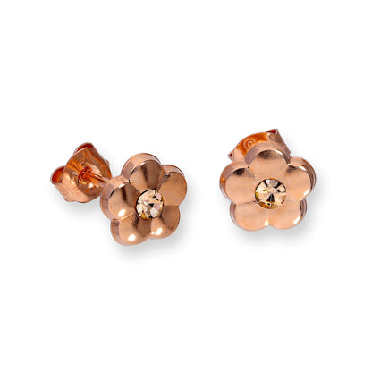 9ct Rose Gold & Orange CZ Crystal Flat Flower Stud Earrings
