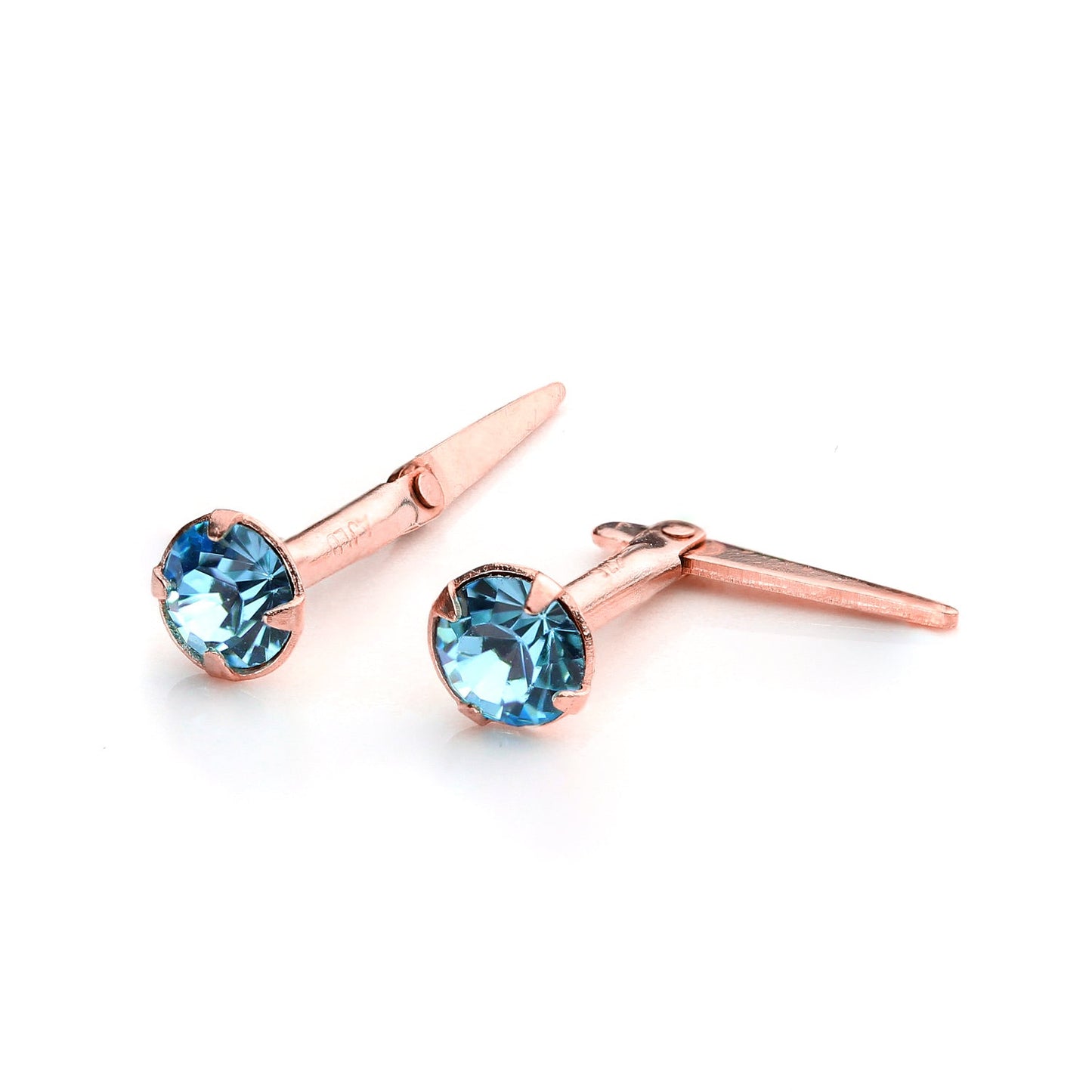 9ct Rose Gold Andralok Stud Earrings w 3mm CZ Crystal Clear Aquamarine Sapphire - jewellerybox