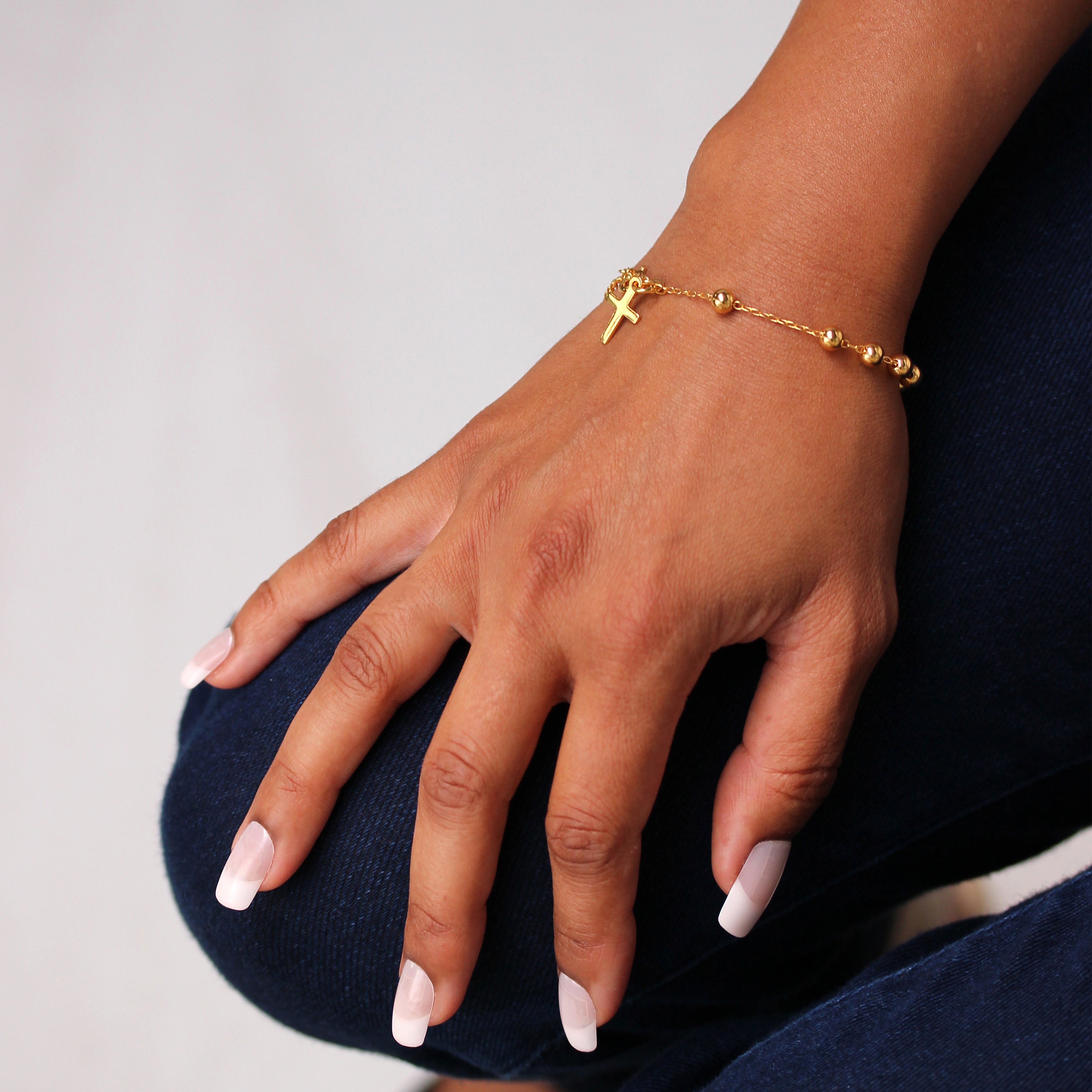 Heavy Gold Plated Sterling Silver Rosary Bead Bracelet - 6.5 Inches + 1 Inch Extender