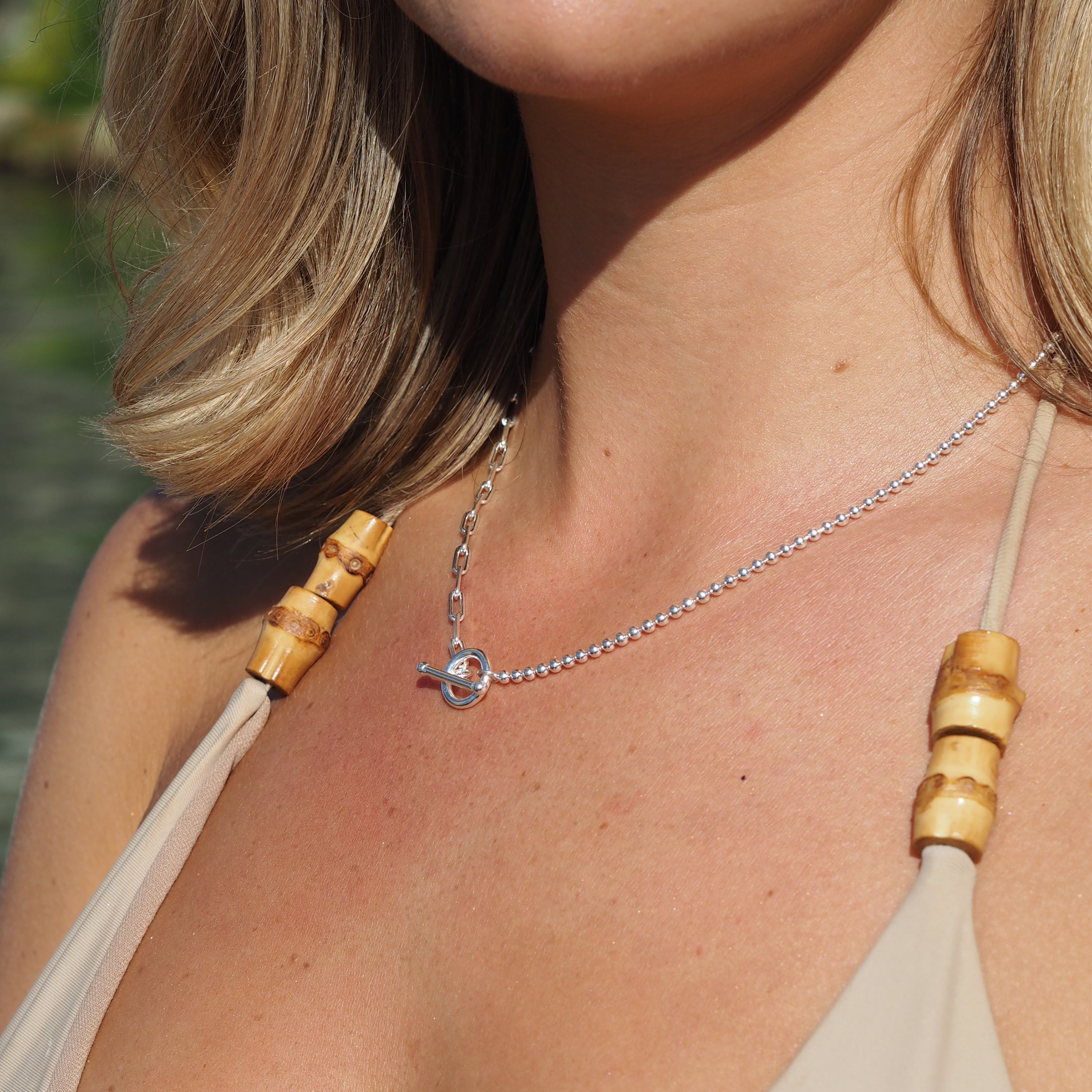 Sterling Silver T-Bar Paperclip Ball Chain Necklace