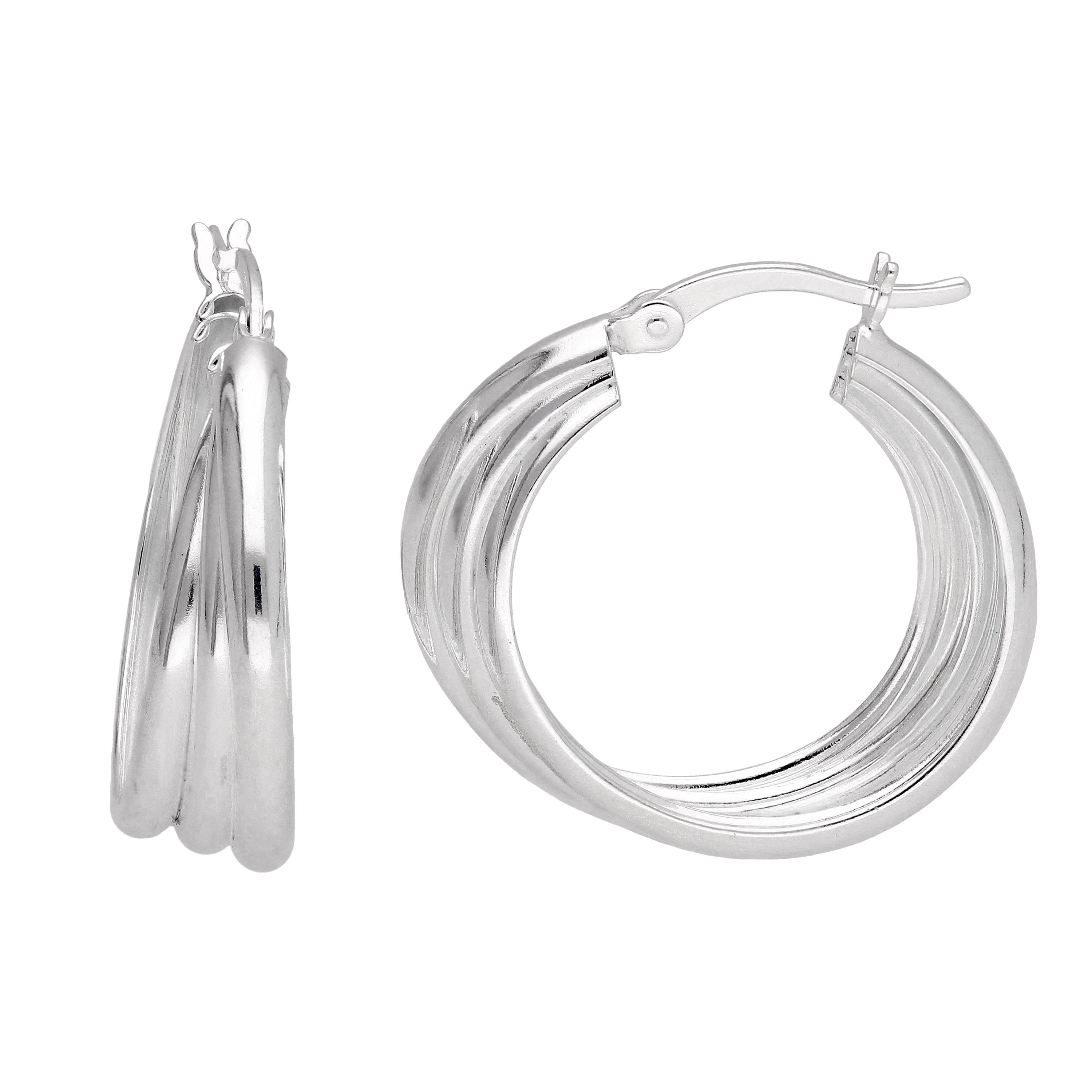 Sterling Silver Interlocking Round Triple Twist Rope Creole Hoop Earrings