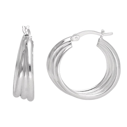 Sterling Silver Interlocking Round Triple Twist Rope Creole Hoop Earrings