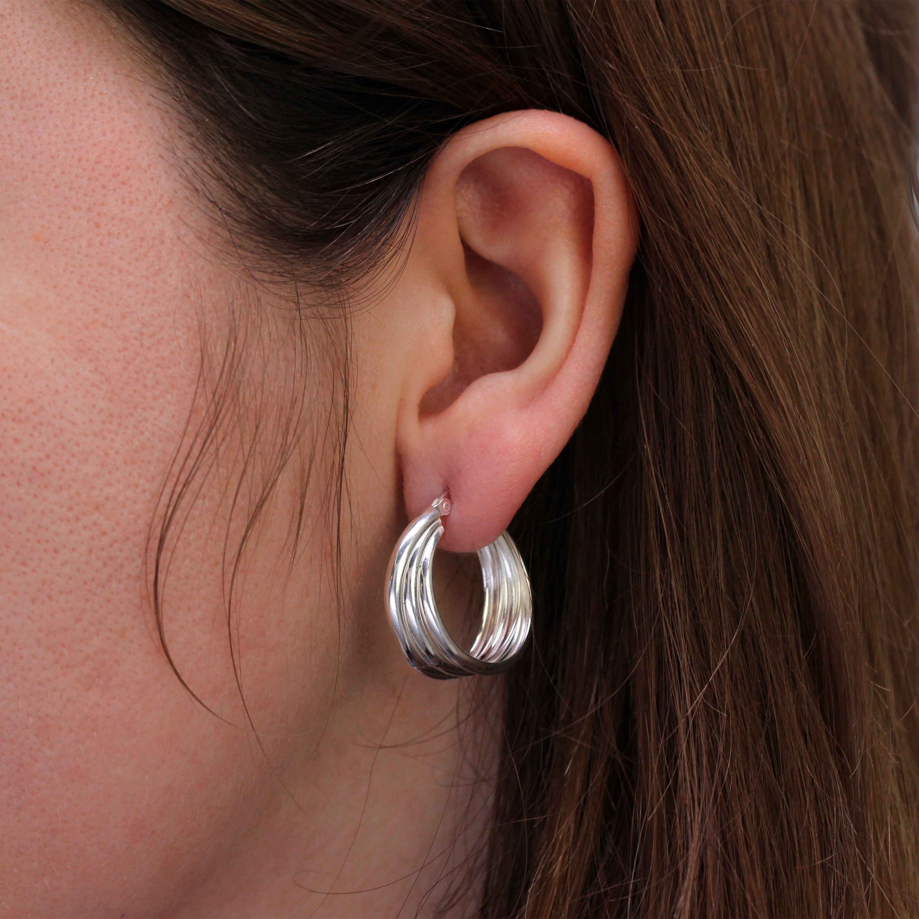 Sterling Silver Interlocking Round Triple Twist Rope Creole Hoop Earrings