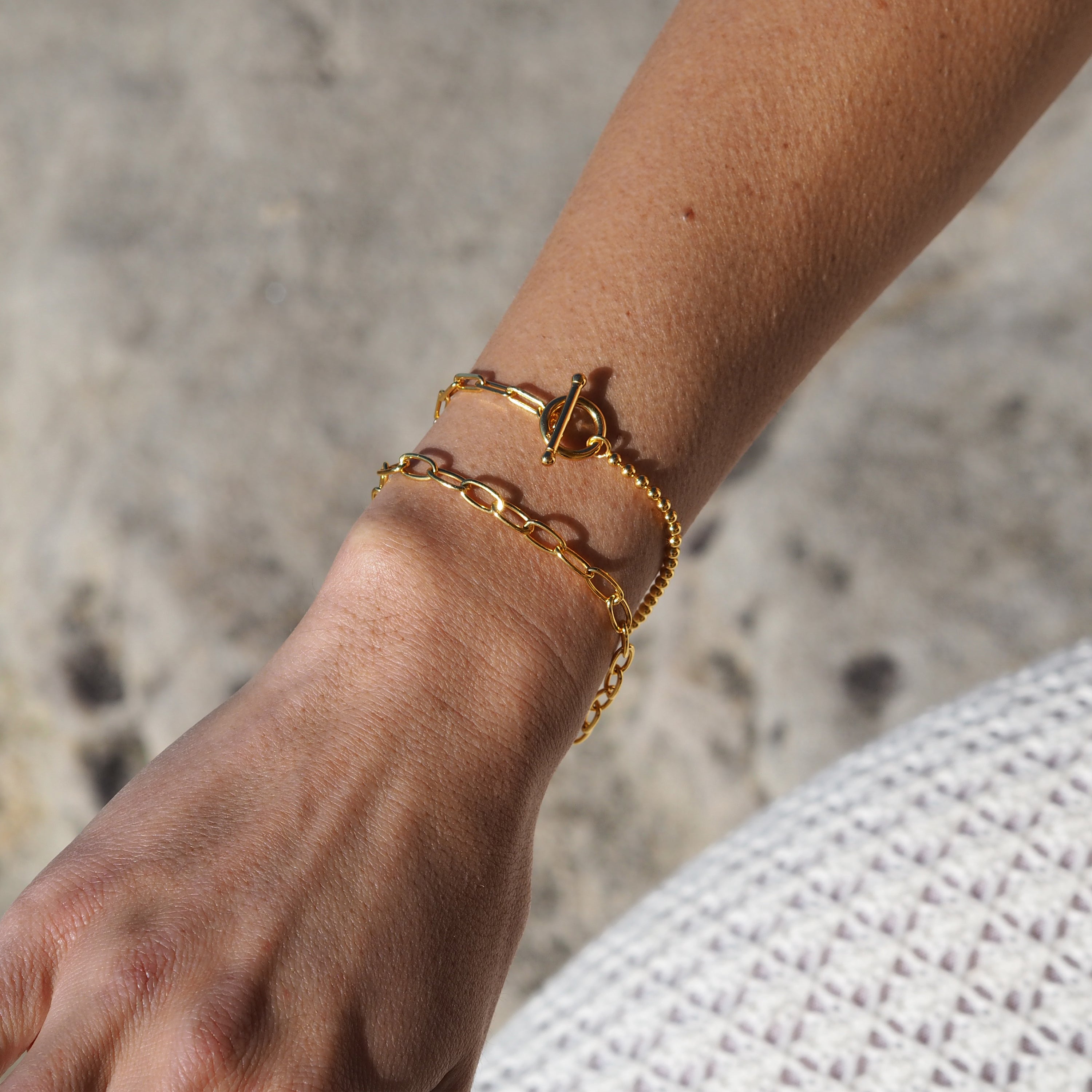 Gold Plated Sterling Silver T-Bar Paperclip Ball Chain Bracelet