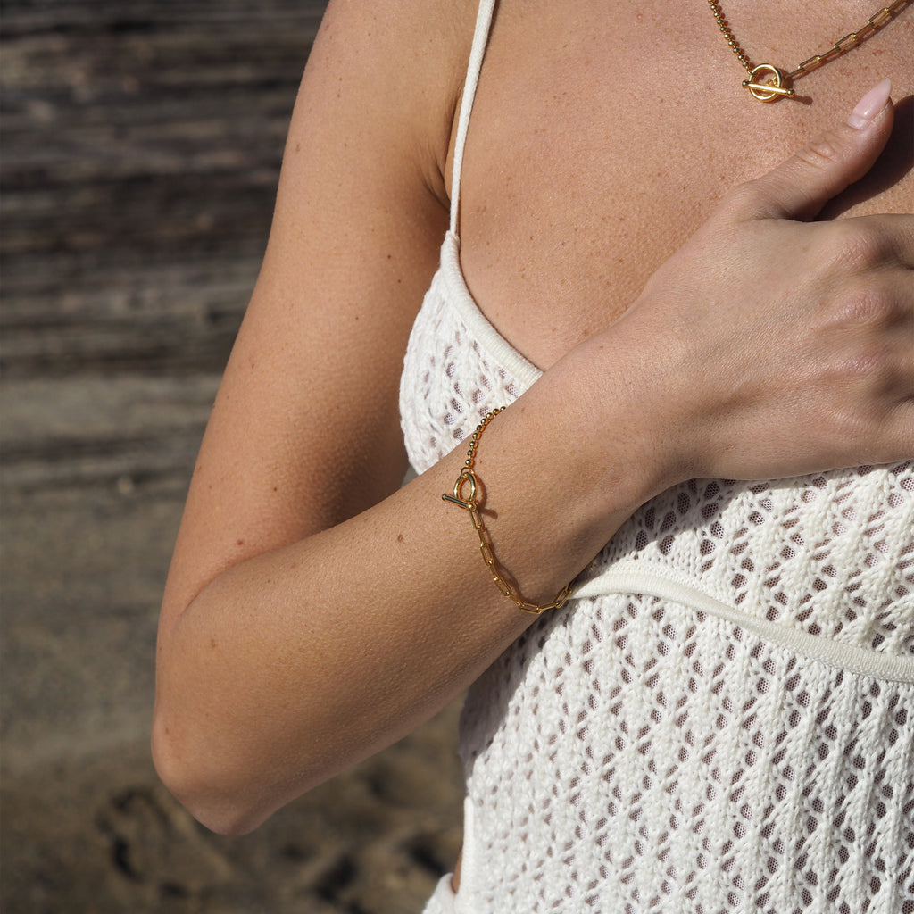 Gold Plated Sterling Silver T-Bar Paperclip Ball Chain Bracelet
